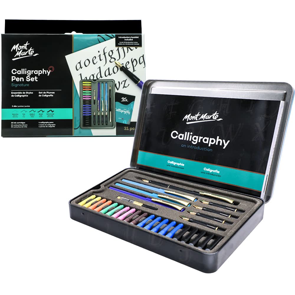 Mont Marte Calligraphy Set, 32 Piece. Includes Calligraphy Pens, Calligraphy Nibs, Ink Cartridges, Introduction Booklet and Exercise Booklet, - WoodArtSupply