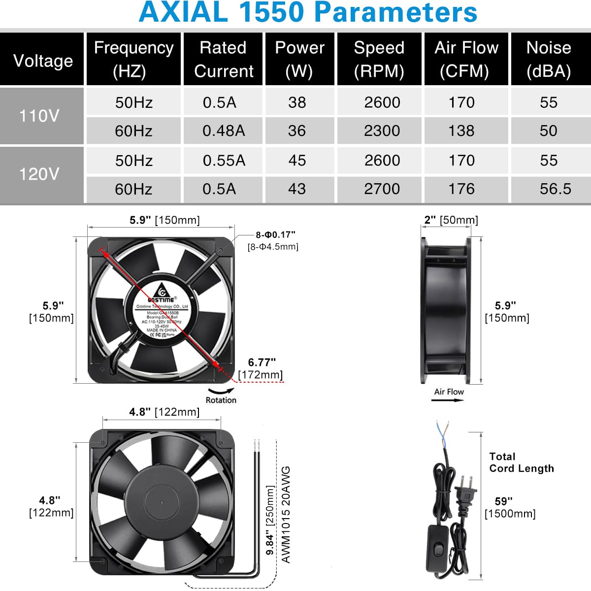 GDSTIME AXIAL Fan 15050, 110V 120V AC 150mm x 150mm x 50mm Fan, Ventilation Exhaust Projects Cooling Fan GDSTIME