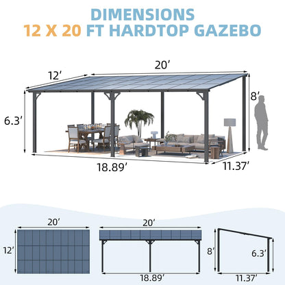 AECOJOY 20' x 12' Gazebo for Patio, Large Wall-Mounted Hard Top Lean-to Gazebo Pergola with Roof 12' x 20' on Clearance, Heavy Duty Patio Awnings for