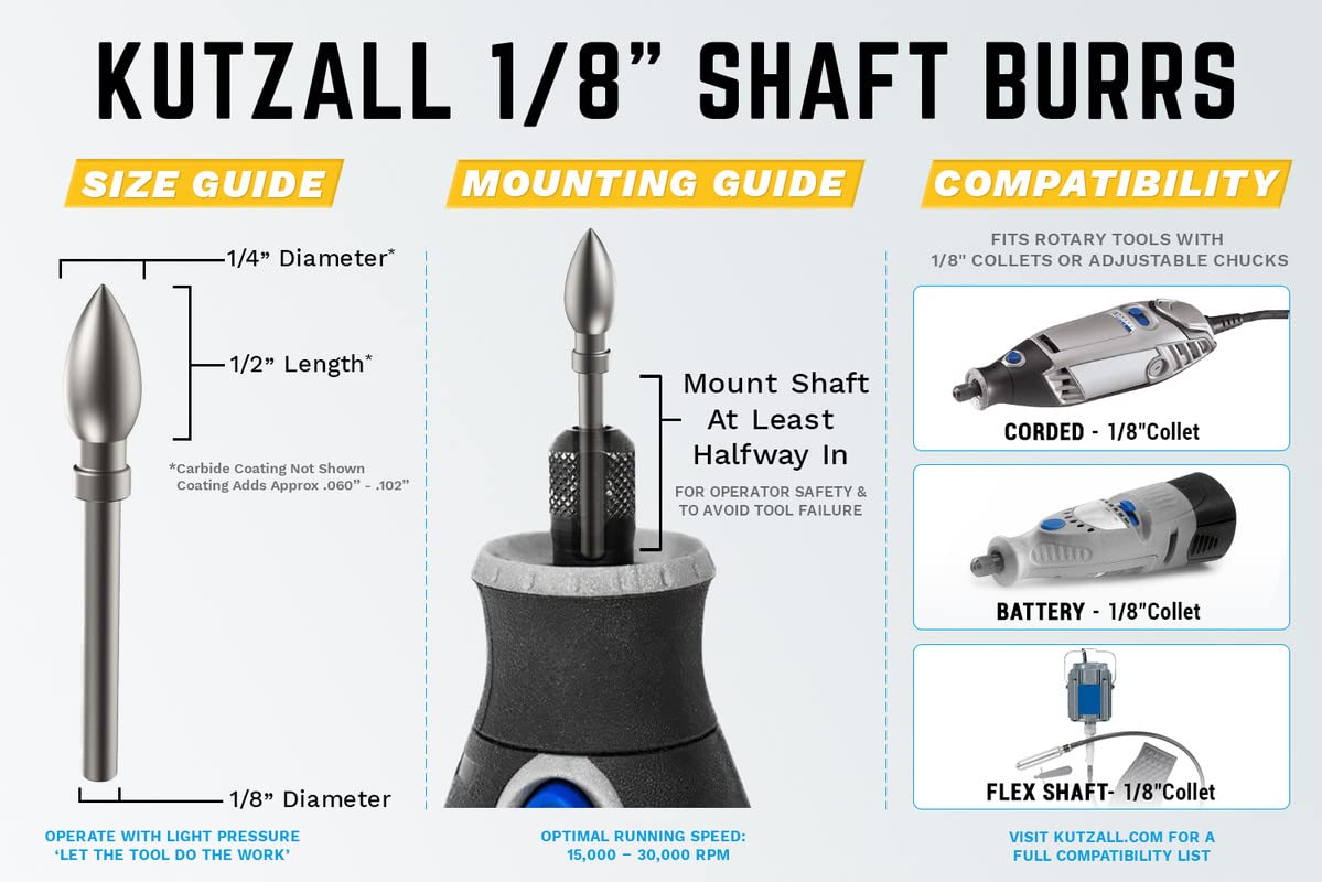 Kutzall 4-Piece Rotary Burr Kit - 1⁄8" Shaft, Fine - Woodworking Attachment for Dremel, Foredom, Ryobi, DeWalt, Milwaukee Tools - Structured Tungsten - WoodArtSupply