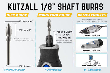 Kutzall 4-Piece Rotary Burr Kit - 1⁄8" Shaft, Fine - Woodworking Attachment for Dremel, Foredom, Ryobi, DeWalt, Milwaukee Tools - Structured Tungsten - WoodArtSupply