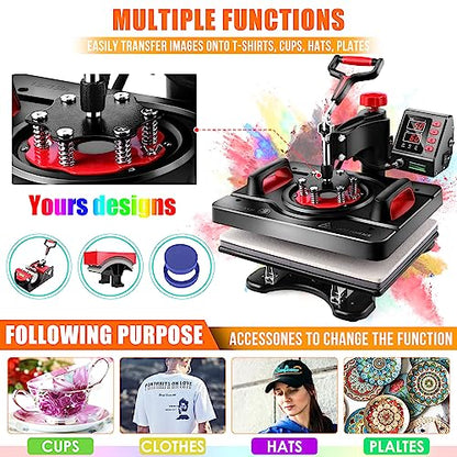 Upgraded 8 in 1 Heat Press Machine Digital Combo - 12x15 Heat Press for T Shirts Hat Mug Plate - Professional Heat Press for Sublimation, Vinyl, Heat