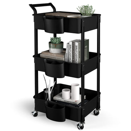 Hamone 3-Tier Utility Rolling Cart,Mobile Utility Cart with Lockable Caster Wheels,Storage Shelves Organizer Cart, 3 Hanging Baskets, Easy - WoodArtSupply