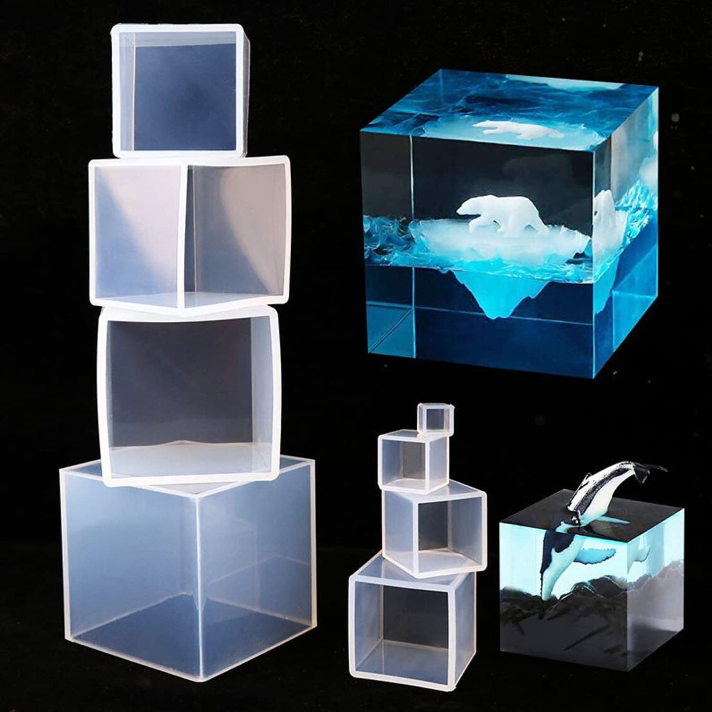 RESINWORLD Set of 4", 3", 2", 1.5", 1", 0.5" Clear Silicone Cube Molds, Large Deep Square Epoxy Resin Mold, Transparent Cube Silicone Molds for Resin Casting