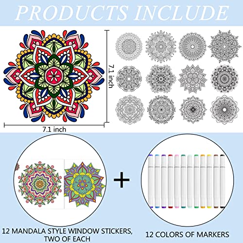 woclsnow 24 Pieces Mandala Window Clings, Color Your Own Stained Glass Mandala Window Clings and Markers, for Teens & Adults, 24 Suncatchers and 12