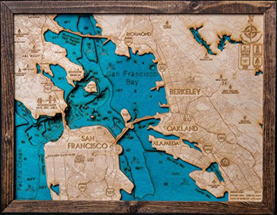 Beautifully Detailed! San Francisco 3-D Wood Map. BLUE