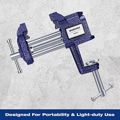 WORKPRO Clamp-On Vise, 3 Inch Jaw Width Portable Bench Clamp, Fixed Tool for Woodworking, Metalworking, Cutting Conduit, Drilling, Sawing, Blue