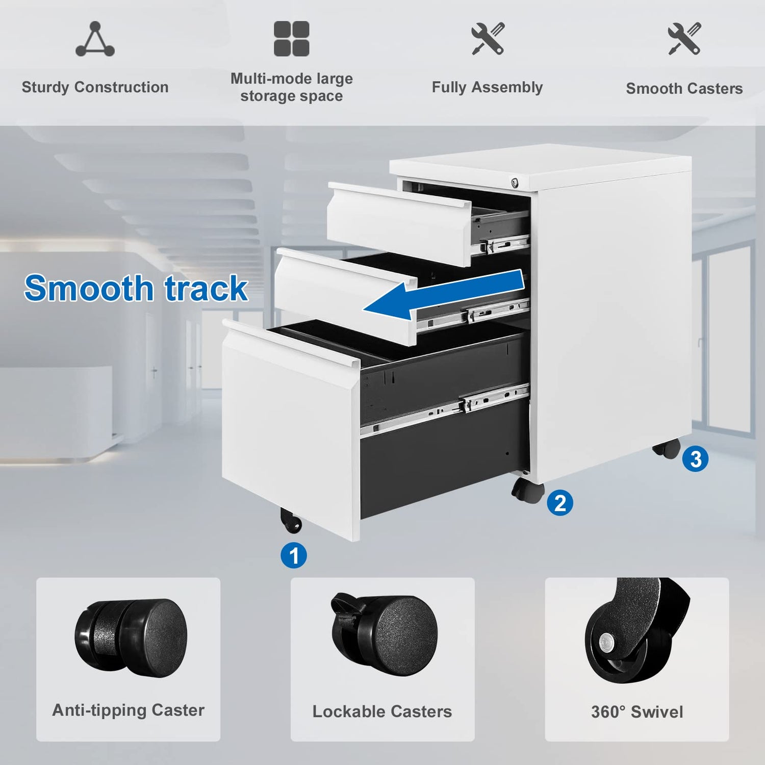 VERYKE 3 Drawer File Cabinet with Lock and Wheels Mobile Under Desk Filing Cabinet Vertical Filing Cabinet Metal Organizer File Cabinet for Hanging VERYKE