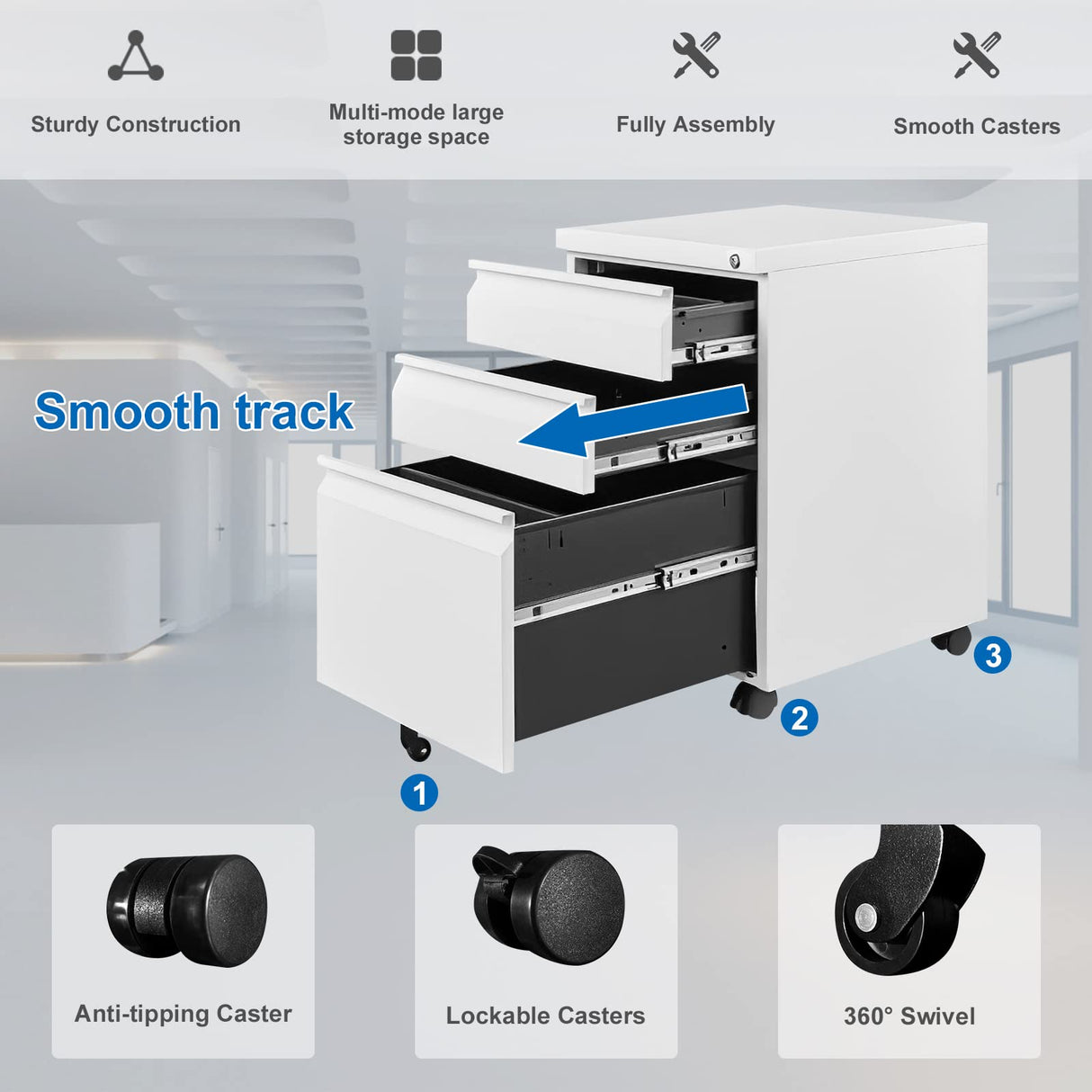 VERYKE 3 Drawer File Cabinet with Lock and Wheels Mobile Under Desk Filing Cabinet Vertical Filing Cabinet Metal Organizer File Cabinet for Hanging VERYKE