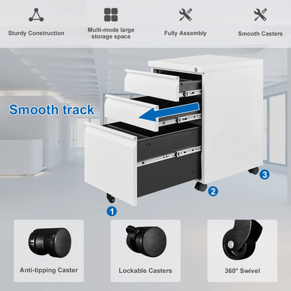 VERYKE 3 Drawer File Cabinet with Lock and Wheels Mobile Under Desk Filing Cabinet Vertical Filing Cabinet Metal Organizer File Cabinet for Hanging - WoodArtSupply