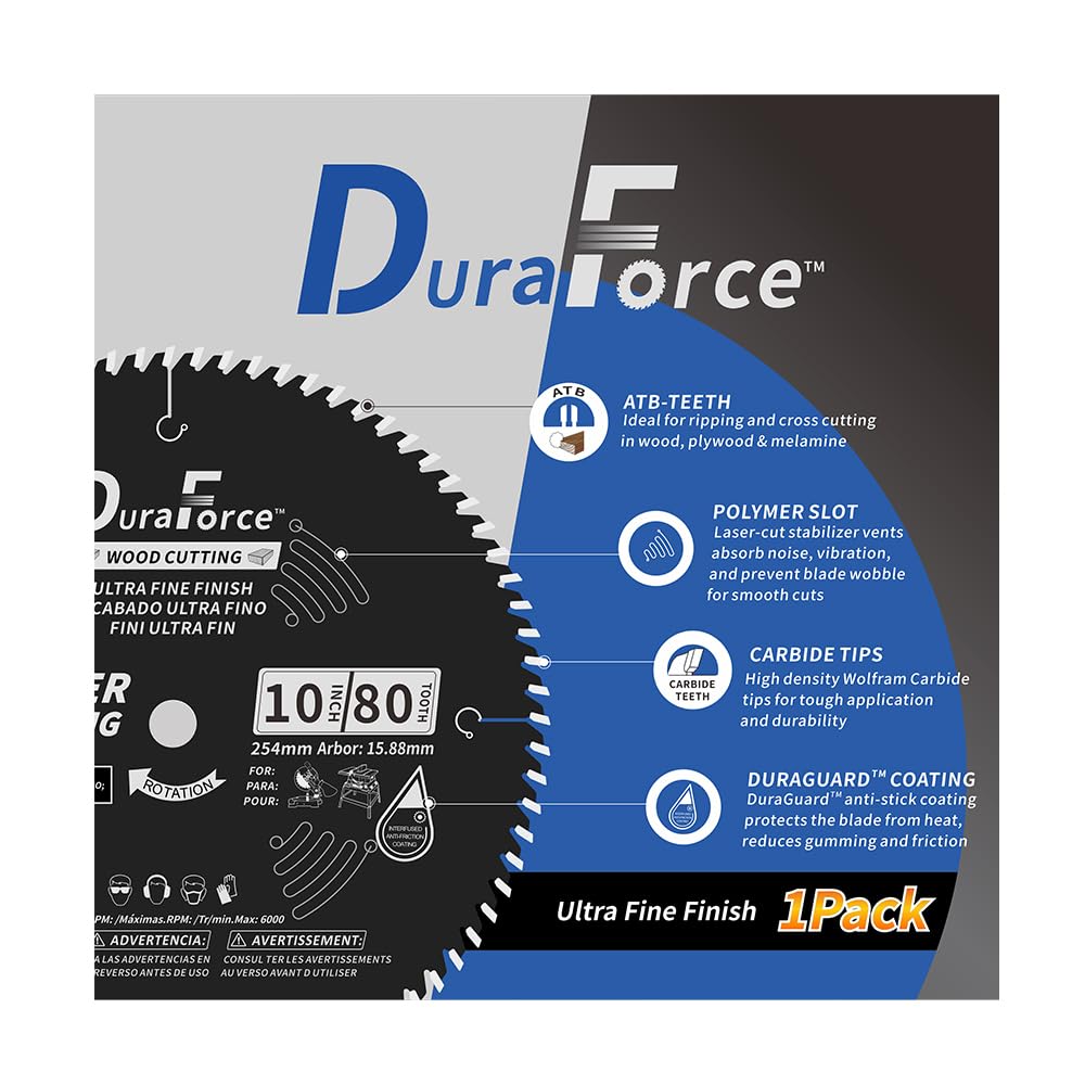 DuraForce 10 Inch 80 Tooth Professional Fine Finish ATB Saw Blade with 5/8 Inch Arbor & DuraGuard Anti-Stick Coating for Miter Saws and Table Saws DuraForce