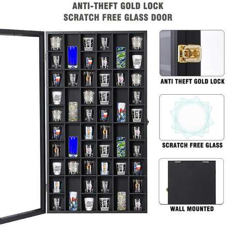 Shot Glass Display Case Large Wooden Cabinet Rack Holder Wall Mounted Black Shadow Box Lockable with UV Protection Acrylic Glass Door Shot Glass Snail