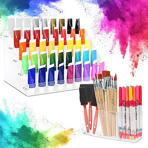 CraftyBook 5-Tiered Art Supply Storage Organizer with Paint Brush Holder - Clear Acrylic Tabletop Gel Polish Paint Storage Step Shelf - Acrylic Nail