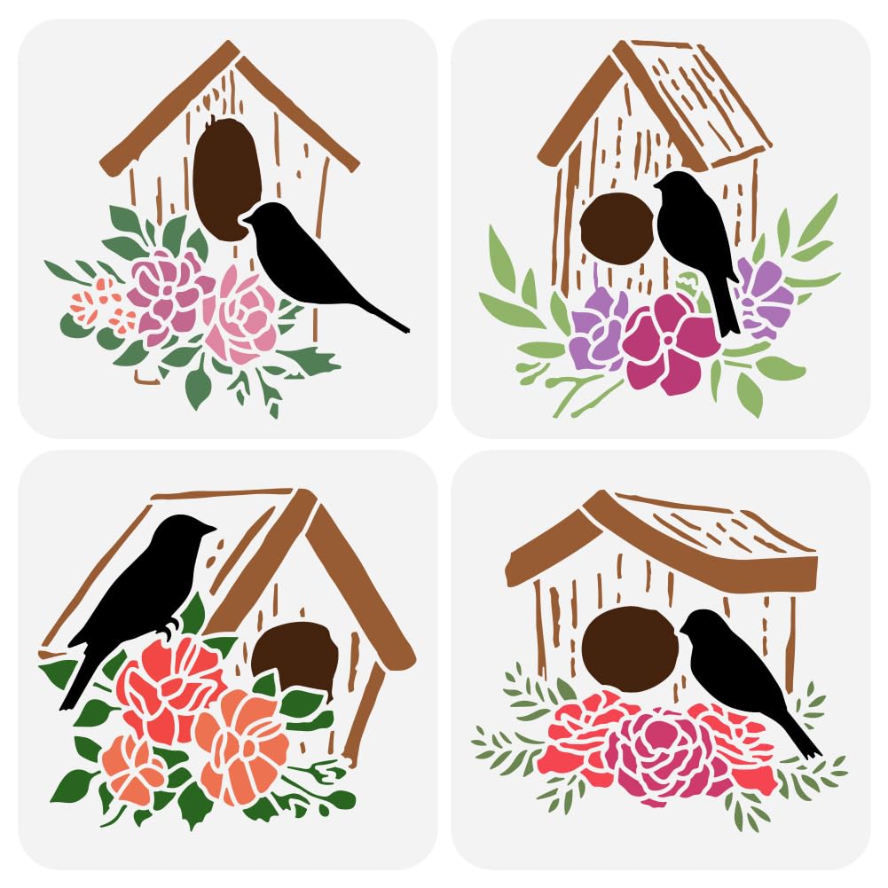 FINGERINSPIRE 4PCS Birdhouse Stencil for Painting 7.87x7.87inch Bird's House Painting Stencil Bird's Nest Drawing Stencil Spring Theme Craft Stencil FINGERINSPIRE