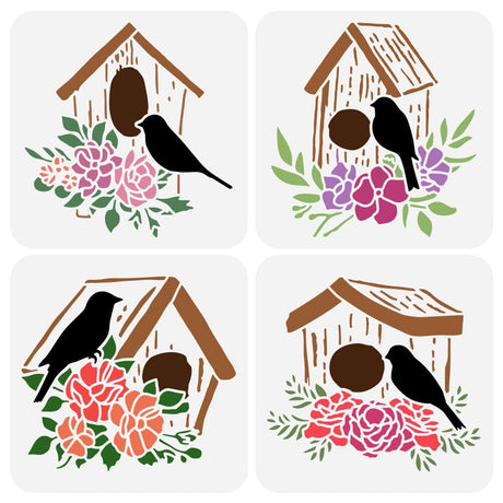 FINGERINSPIRE 4PCS Birdhouse Stencil for Painting 7.87x7.87inch Bird's House Painting Stencil Bird's Nest Drawing Stencil Spring Theme Craft Stencil FINGERINSPIRE