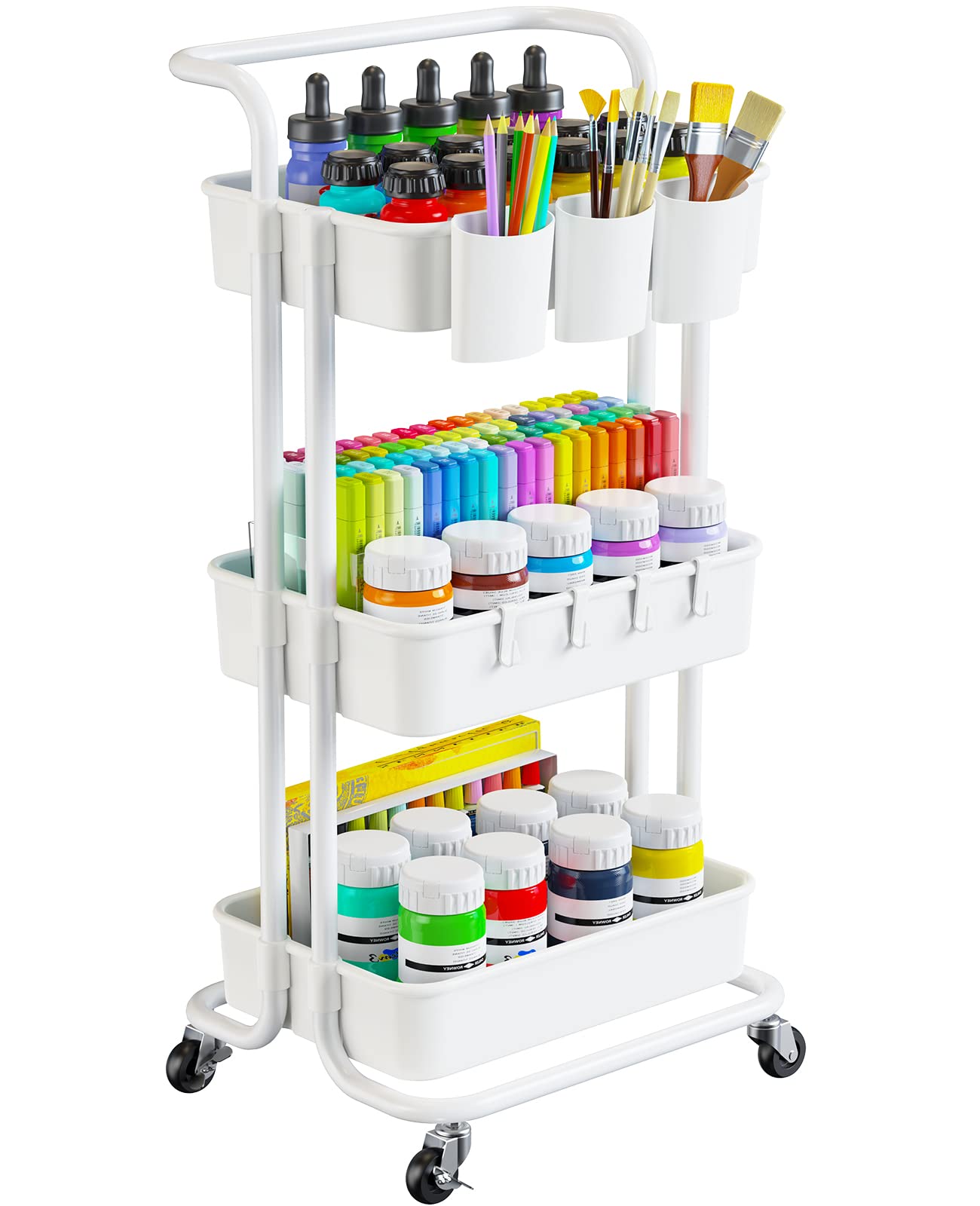 Pipishell 3-Tier Rolling Cart with Wheels - Rolling Storage Cart with Hanging Cups & Hooks - Mobile Utility Cart for Office, Kitchen, Craft Room - Art & Craft Organizer (White, PIUC06W)"