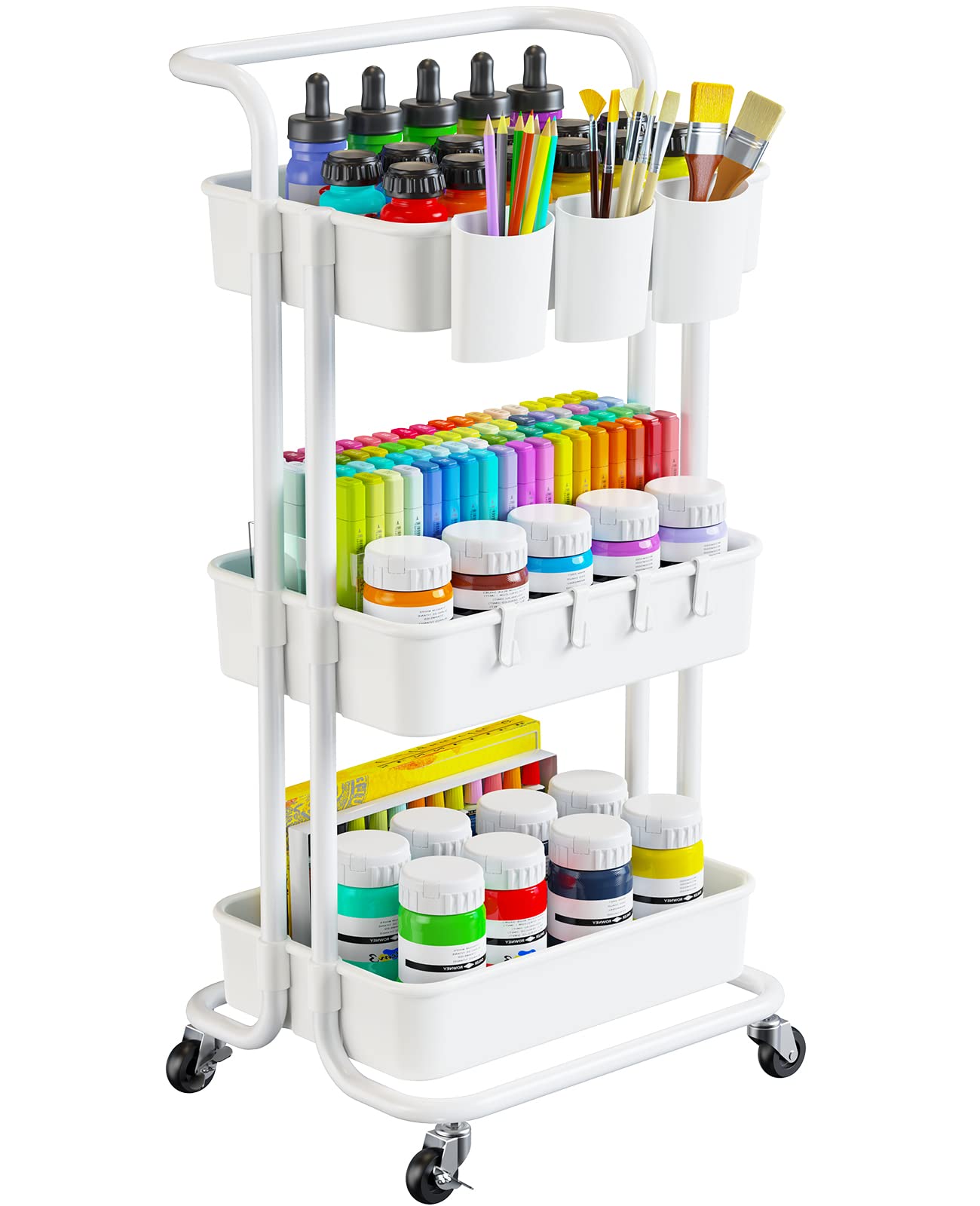 Pipishell 3-Tier Rolling Cart with Wheels - Rolling Storage Cart with Hanging Cups & Hooks - Mobile Utility Cart for Office, Kitchen, Craft Room - - WoodArtSupply