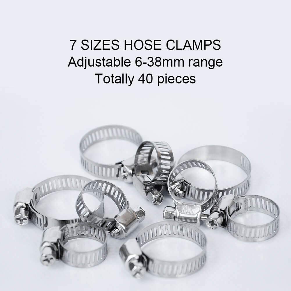 Selizo 40Pcs Hose Clamp Including 7 Sizes Adjustable Pipe Tube Clamps 304 Stainless Steel Hose Clips selizo