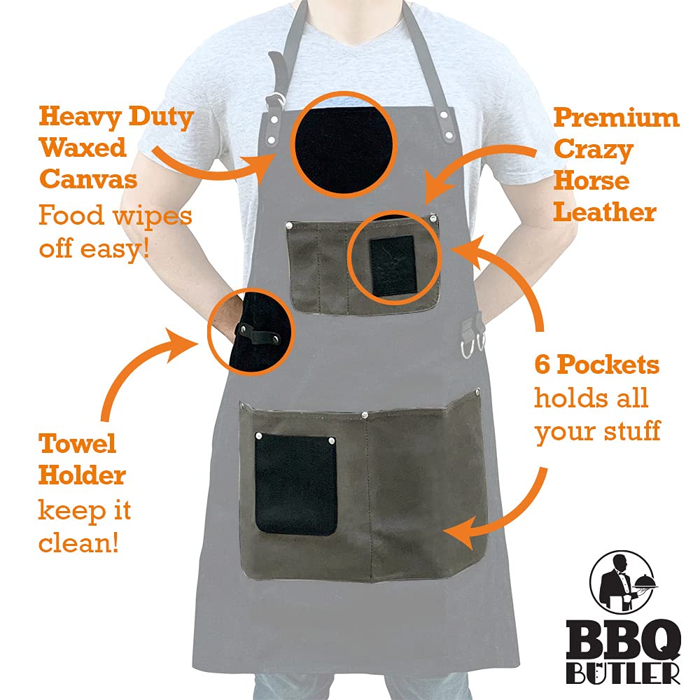 BBQ Butler BBQ Grill Apron - Durable Waxed Canvas - Mens Smoker Apron - Adult Unisex - Small to XXXL - Black/Grey - WoodArtSupply