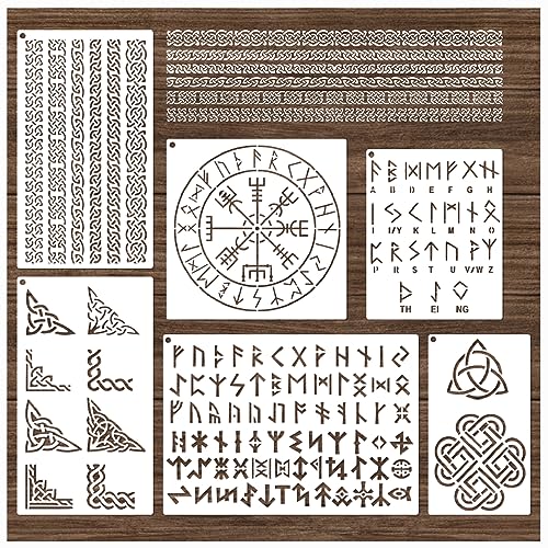 Runes Stencils for Painting on Wood Stones Reusable Celtic Border Ancient Alphabet Viking Symbol Stencils for Crafts Canvas Furniture Wall Drawing yhslmh