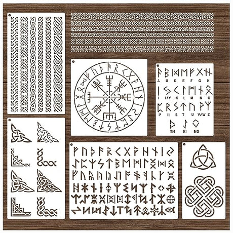 Runes Stencils for Painting on Wood Stones Reusable Celtic Border Ancient Alphabet Viking Symbol Stencils for Crafts Canvas Furniture Wall Drawing yhslmh