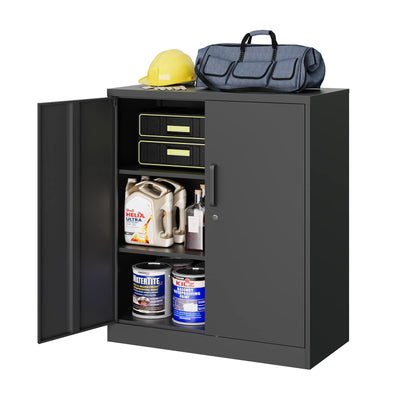 MIIIKO Metal Storage Cabinet with Locking Doors, 2-Door Metal Locker with 2 Shelves, Black Metal Cabinet with Lock for Home Office, Garage, Utility