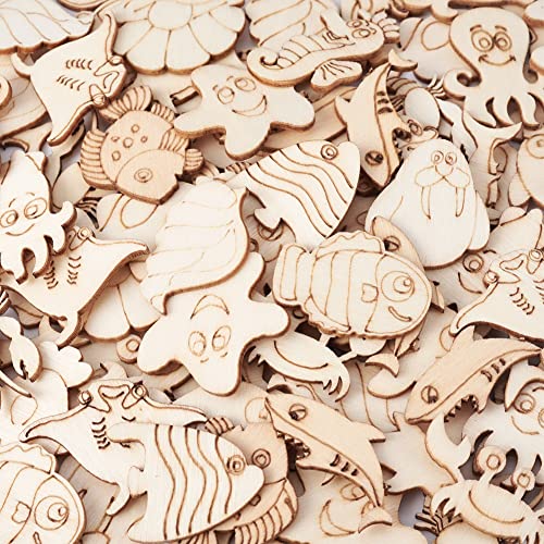 300Pcs Ocean Themed Pattern Wood Pieces Unfinished Wooden Marine Animal Cutouts Blank Wooden Paint Crafts for Kids Home Decoration DIY Craft Project - WoodArtSupply