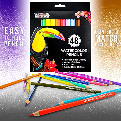 U.S. Art Supply 48 Piece Watercolor Artist Grade Water Soluble Colored Pencil Set, Full Sized 7 Inch Pencil Length - WoodArtSupply