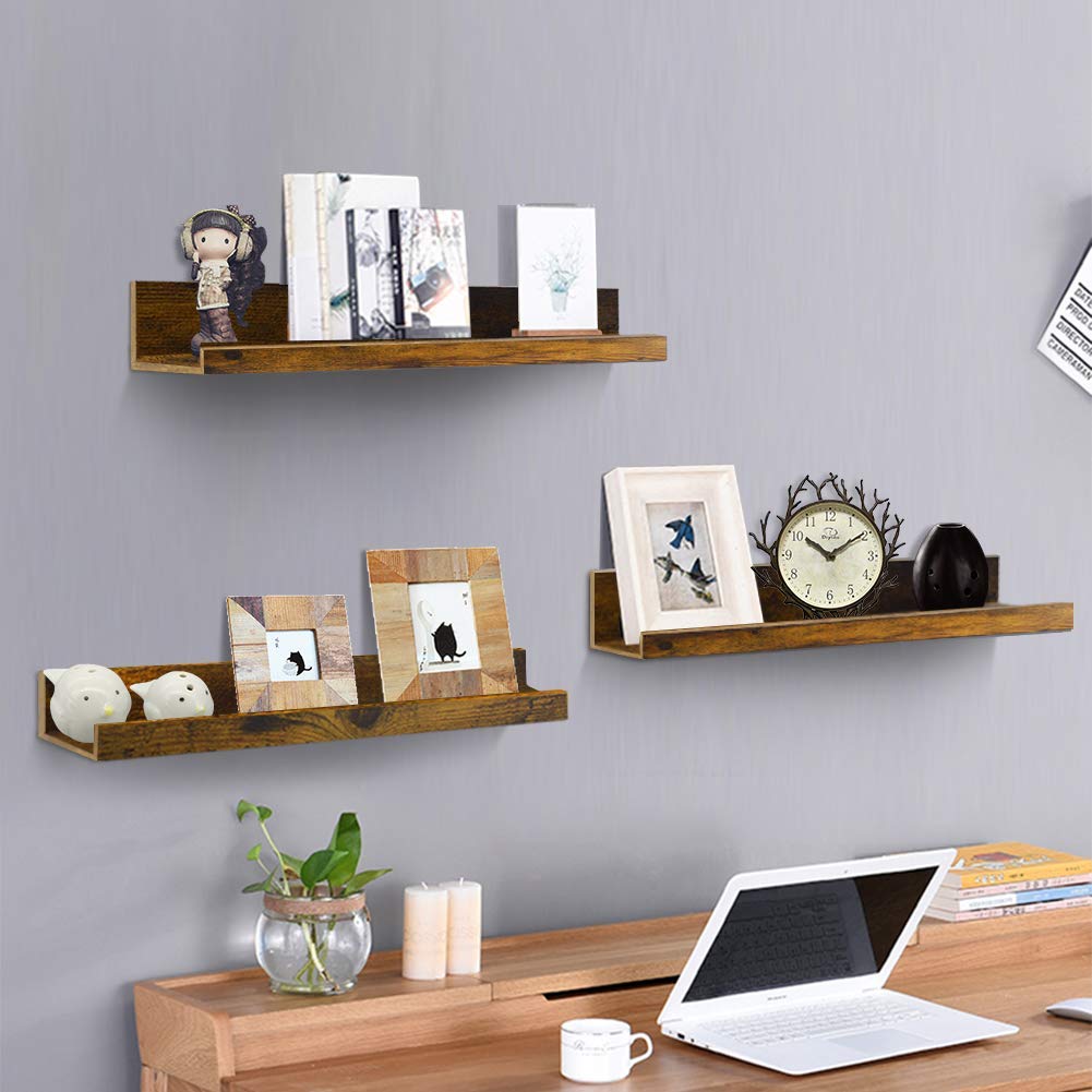 Giftgarden 16 Inch Floating Shelves for Wall Set of 3, Rustic Wall Mounted Picture Ledge Wooden Wall Shelf for Living Room Bedroom Kitchen Bathroom, - WoodArtSupply