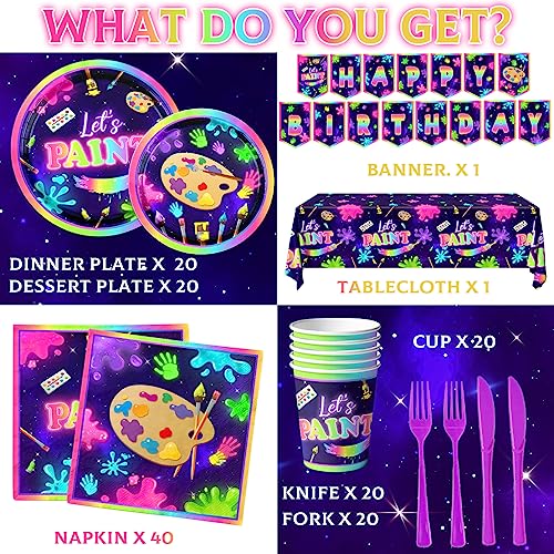 Art Painting Party Supplies,142pcs Paint Splatter Party Tableware Neon Glow Decorations Set Art Party Dessert Plates Paint Splatter Napkins Let’s HAKOTI