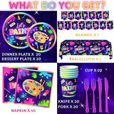 Art Painting Party Supplies,142pcs Paint Splatter Party Tableware Neon Glow Decorations Set Art Party Dessert Plates Paint Splatter Napkins Let’s HAKOTI