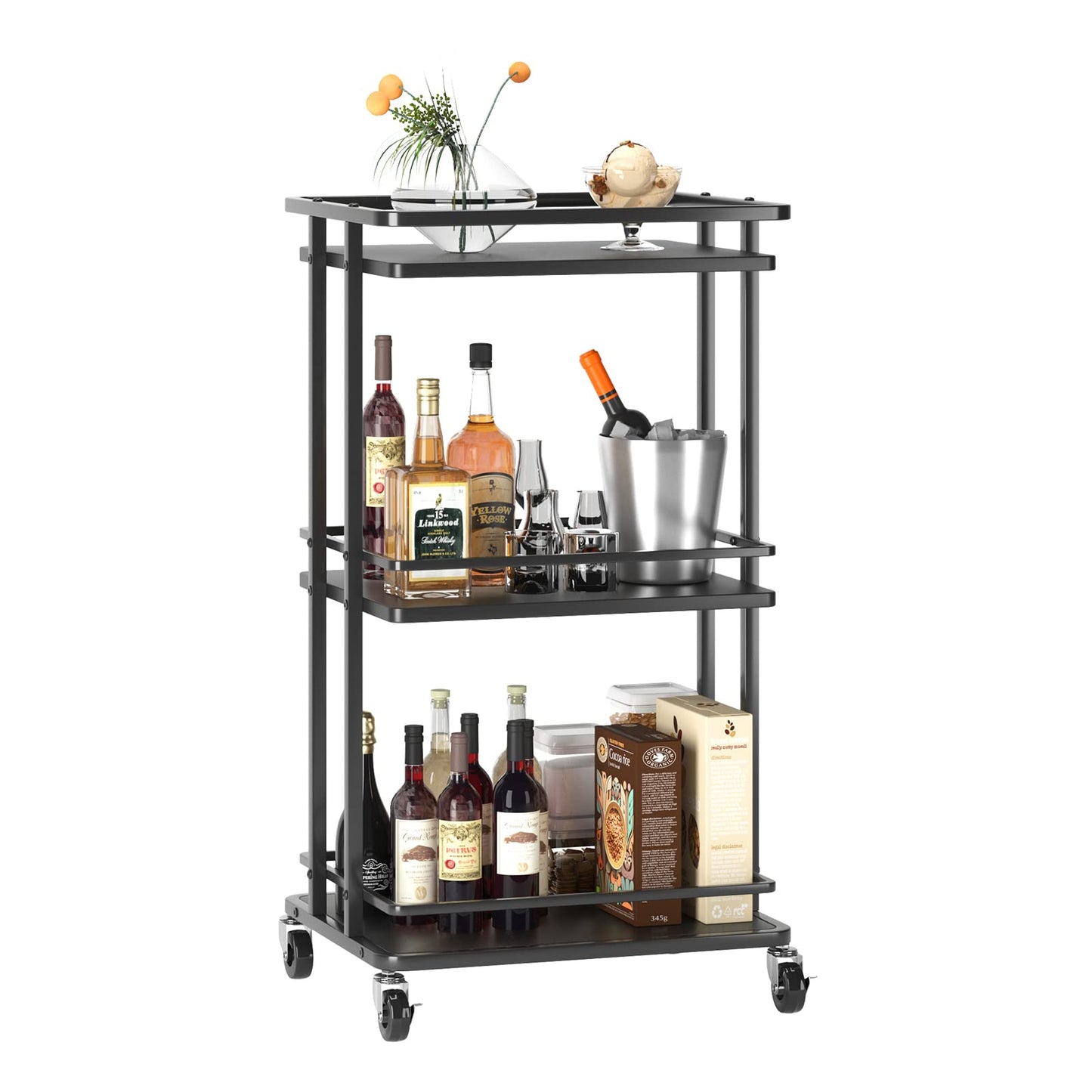 OKZEST 3 Tier Bar Cart for Home, Rolling Mini Liquor Bar for Wine Beverage Dinner Party, Utility Kitchen Storage Island Serving Cart on Wheels, - WoodArtSupply