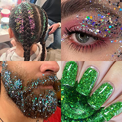 Holographic Chunky and Fine Glitter Mix, 36 Colors Chunky Sequins & Glitter Powder Mix, Iridescent Cosmetic Glitter Flakes for Nail Art Face Body Eye Linwulte