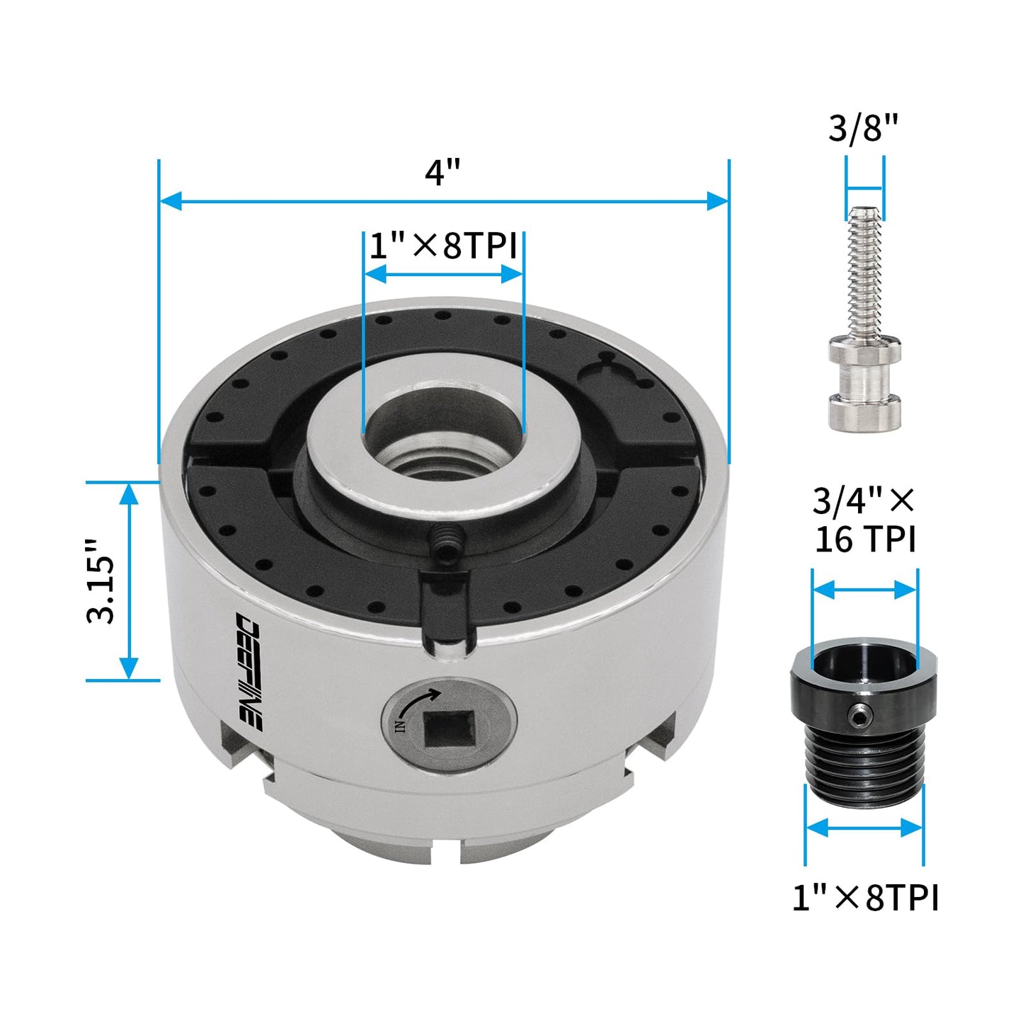 DEEFIINE 4 Inch Wood Lathe Chuck Set 1" x 8TPI Thread & 3/4"x16TPI Adapter, Nickel Plated Self-Centering 4 Jaw Wood Turning Chuck.(1 jaw)