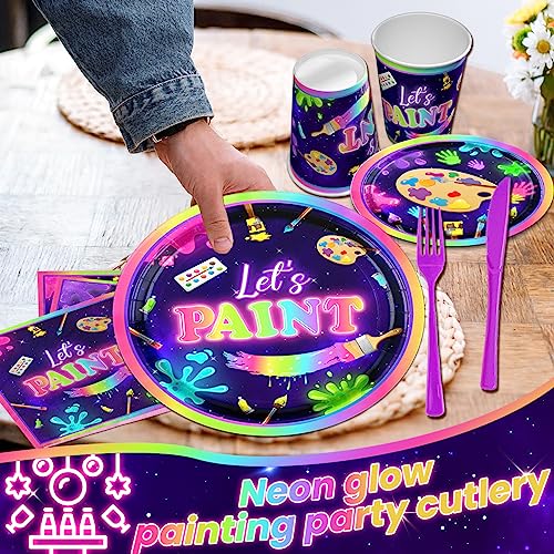 Art Painting Party Supplies,142pcs Paint Splatter Party Tableware Neon Glow Decorations Set Art Party Dessert Plates Paint Splatter Napkins Let’s HAKOTI