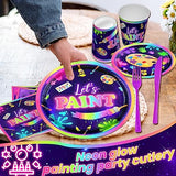 Art Painting Party Supplies,142pcs Paint Splatter Party Tableware Neon Glow Decorations Set Art Party Dessert Plates Paint Splatter Napkins Let’s HAKOTI