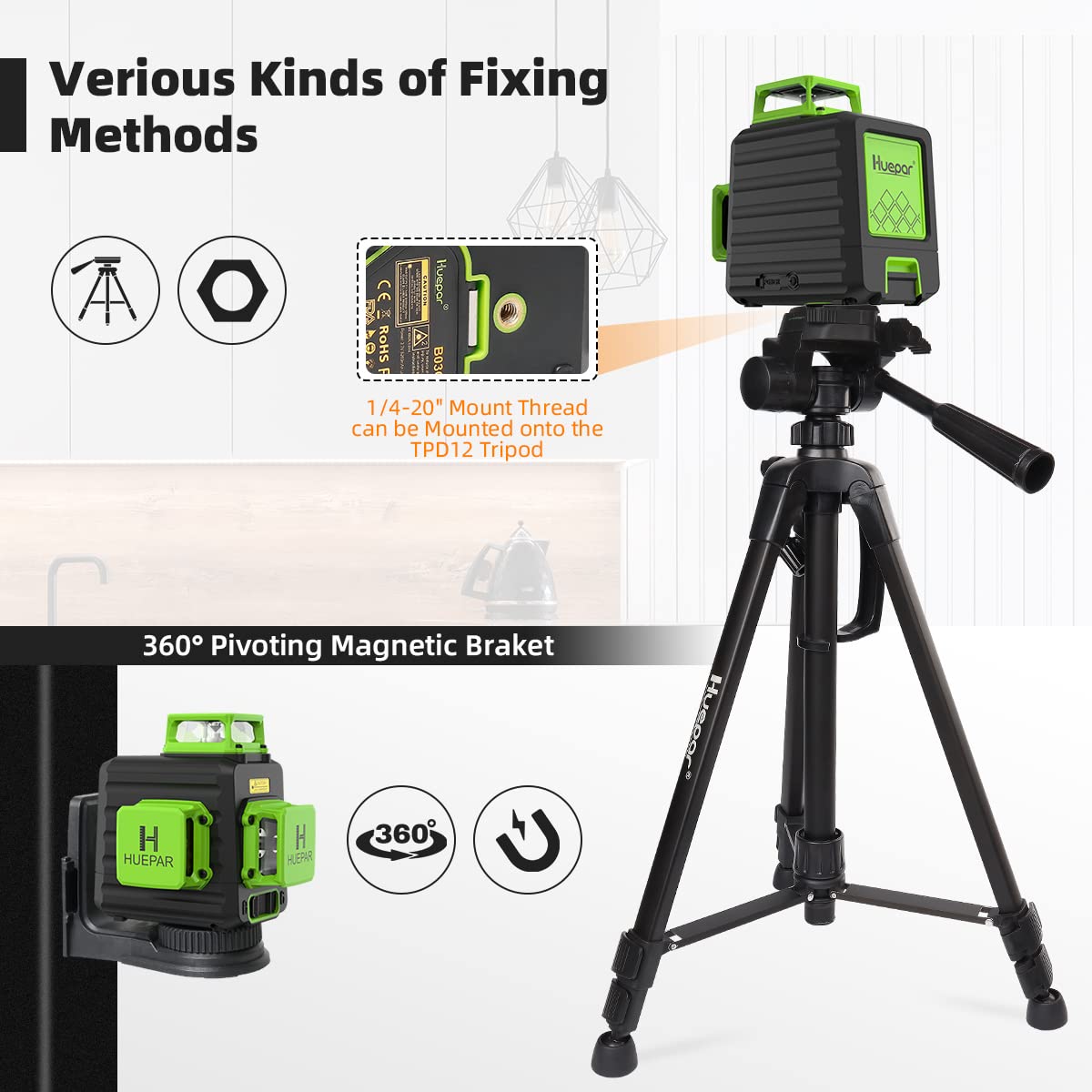 Huepar 3x360 Self-leveling Cross-Line Laser Level, 3D Green Beam Three-Plane Leveling and Alignment Laser Tool with 47" Lightweight Extendable Tripod Huepar