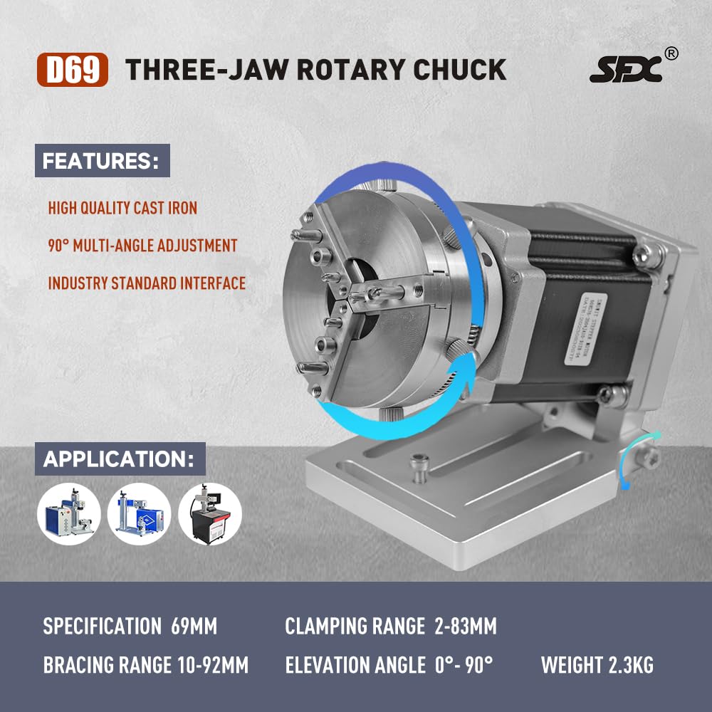 Rotary Chuck for laser engraver Three-Jaw Rotary Chuck D69MM for Fiber Laser Engraving Machine,Rotating Shaft axis Rotary Chuck driver Angle - WoodArtSupply