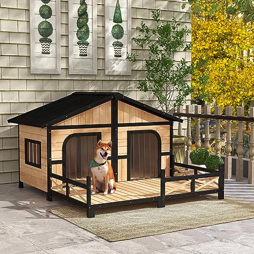 PawHut Wooden Large Dog House Outdoor Double XL Dog Kennel with Elevated Floor and Porch, Weatherproof Puppy Shelter for Small and Medium Breed Dogs,