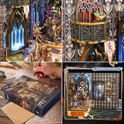 Spilay DIY Book Nook Kit,DIY Miniature Doll House Kit with Furniture Music Box and LED, 3D Wooden Puzzle Bookend Bookshelf Insert Decor-Creativity
