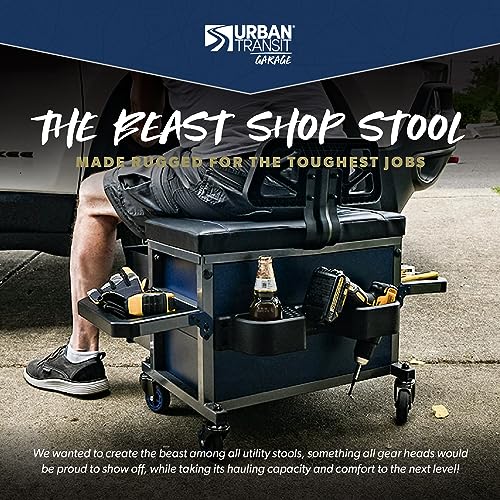 URBANTRANSIT The Beast Heavy Duty Shop Stool with Backrest - 500 Lb Capacity Rolling Stool for the Garage with Tool Storage, Cupholder and 360 Degree URBANTRANSIT