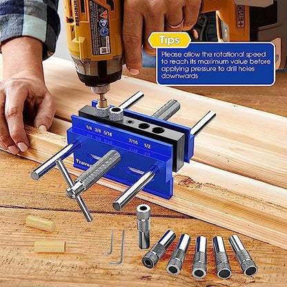TRAVEANT Self Centering Dowel Jig, Upgraded 6.7'' Drill Jig For Straight Holes Biscuit Joiner Set With 6 Drill Guide Bushings, Adjustable Width