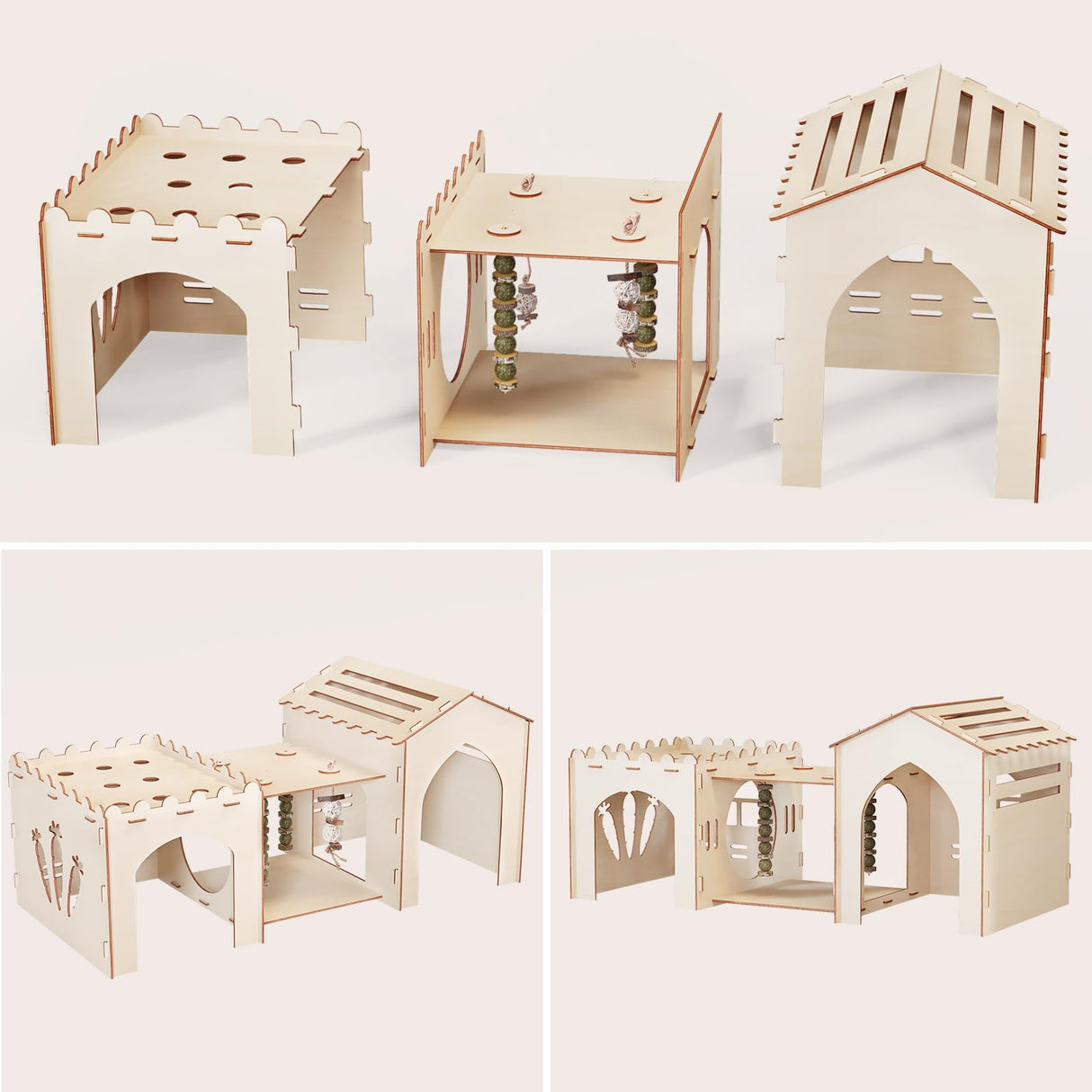 Woiworco Extra Large Rabbit Castle Hideout Bunny House with 3 Houses and Toys, Wooden Bunny Hideout Indoor Large Rabbit Hutch Play Houses and Woiworco