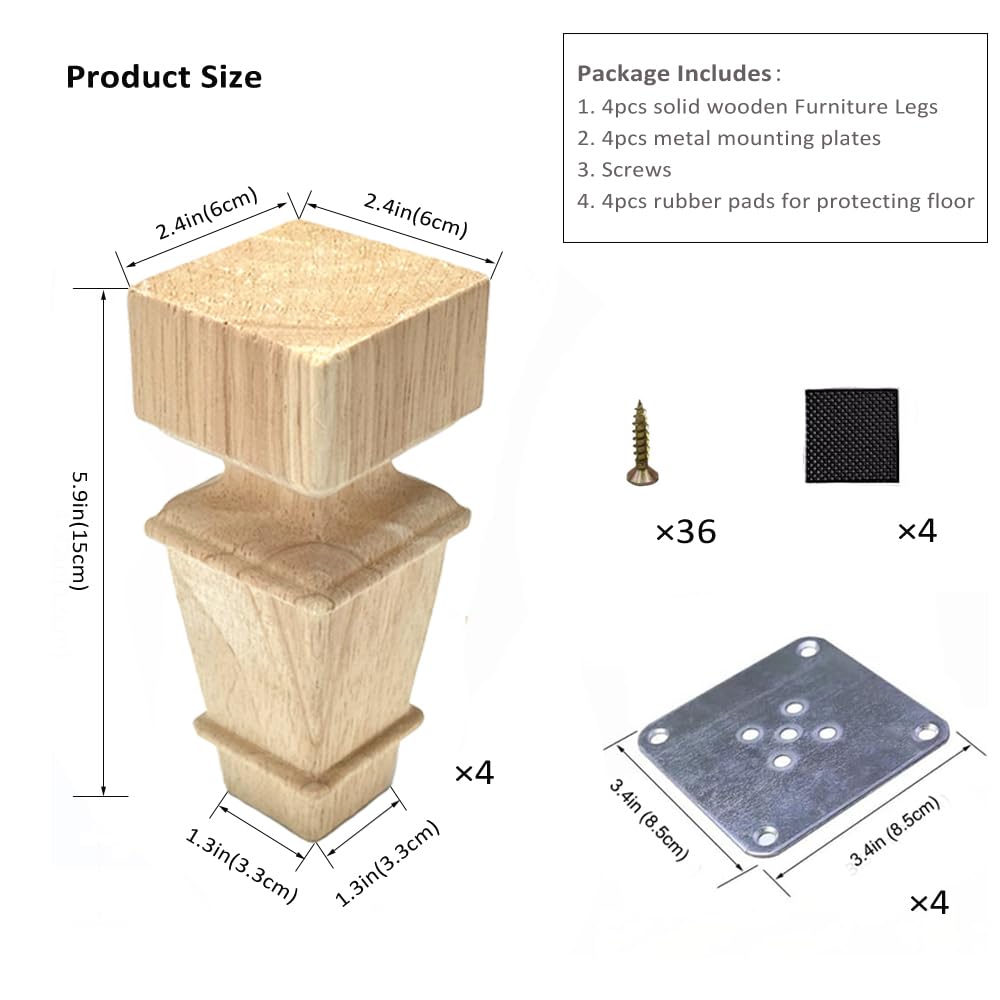 6 Inch Wooden Furniture Legs with Mounting Plates Screws Set of 4 Solid Wood Unfinished European Style Replacement Furniture Feet for Couch Cabinet - WoodArtSupply