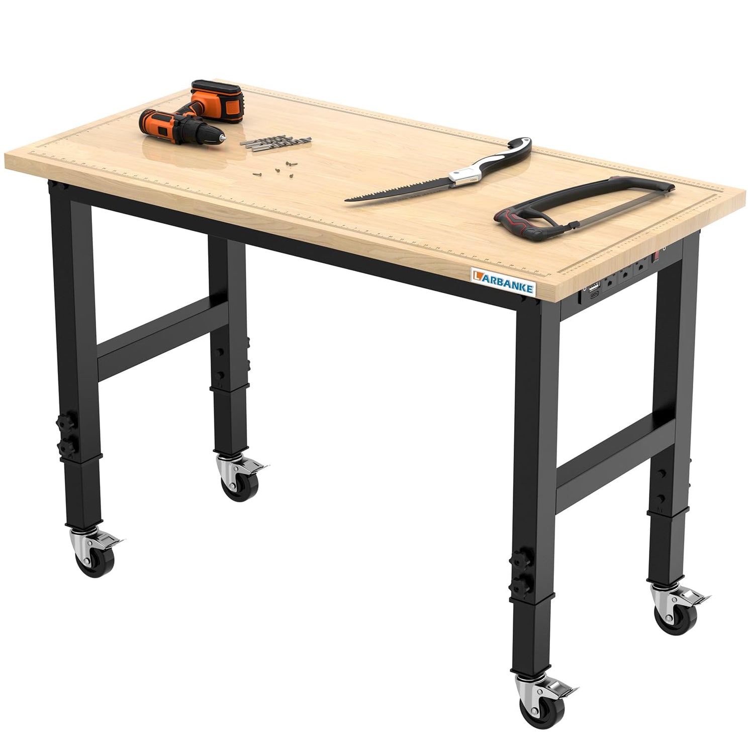 LARBANKE 48" Heavy-Duty Garage Workbench,Rubber Wood Workbench has Adjustable 5 Different Heights,Hardwood Worktable Weight Capacity Over 2000 LARBANKE