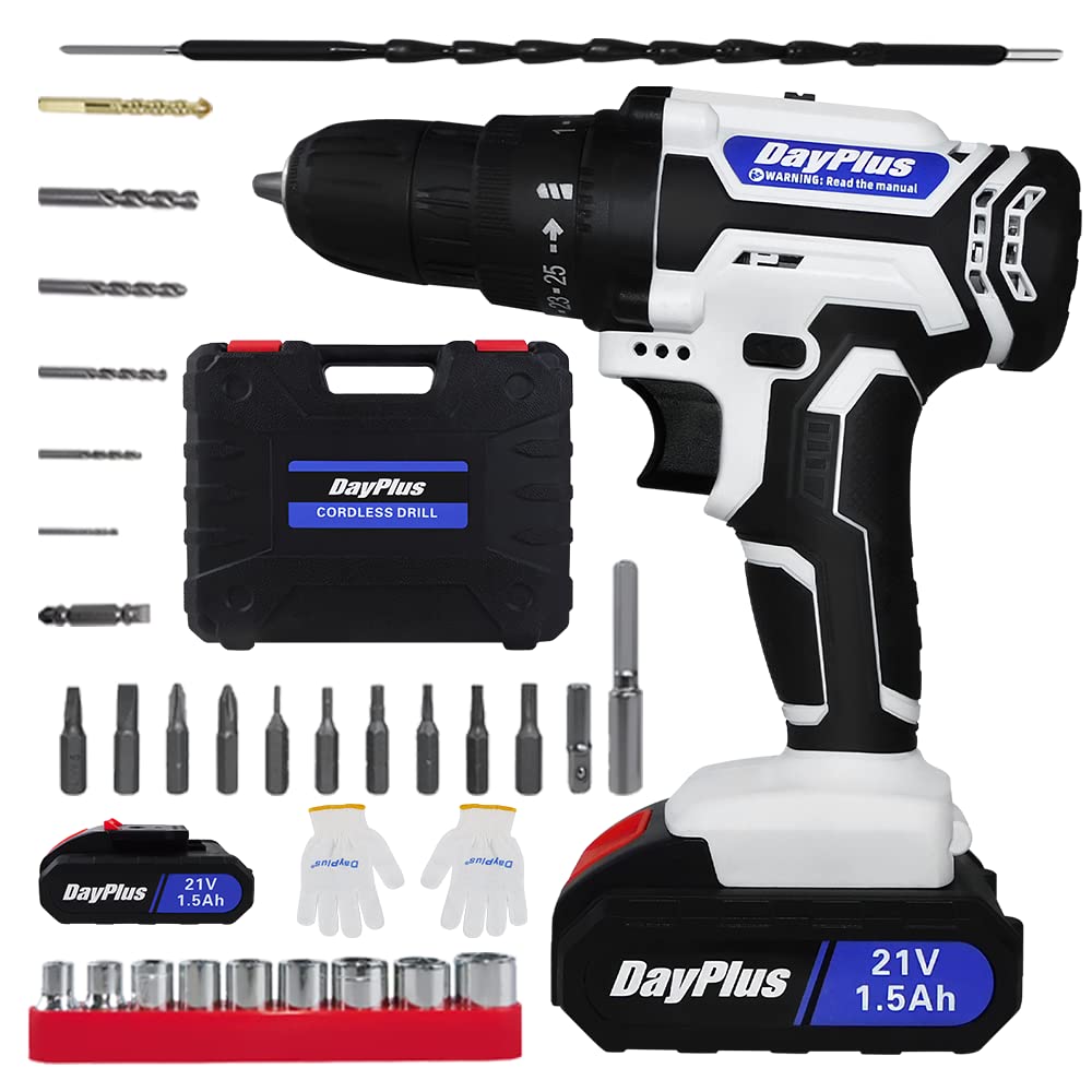 Cordless Drill 21V Cordless Electric Drill Set, 25+1 Position Cordless Drill Tool Kit, 3/8-Inch Keyless Chuck Cordless Drill Driver Set, Dual Speed