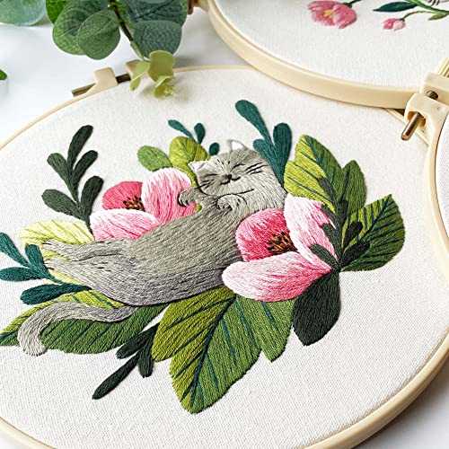 Myfelicity Cat Embroidery Kit 3 Patterns Fabric Threads Needles Hoops Instructions Myfelicity