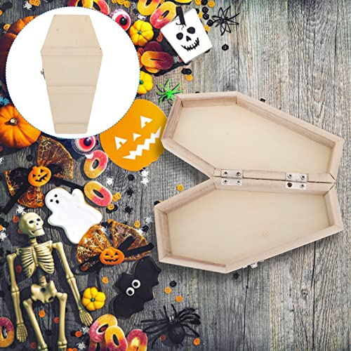 VOSAREA Halloween Coffin Box, Hexagonal Wooden Craft Boxes Unfinished Wooden Boxes Container for Candy Treats and Trinkets DIY Crafts - WoodArtSupply