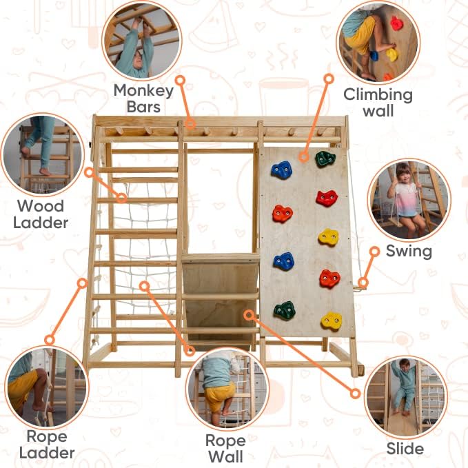 Avenlur Magnolia Indoor Playground 6-in-1 Jungle Gym Montessori Waldorf Style Wooden Climber Playset Slide, Rock Climbing Wall, Rope Wall Climber, Avenlur