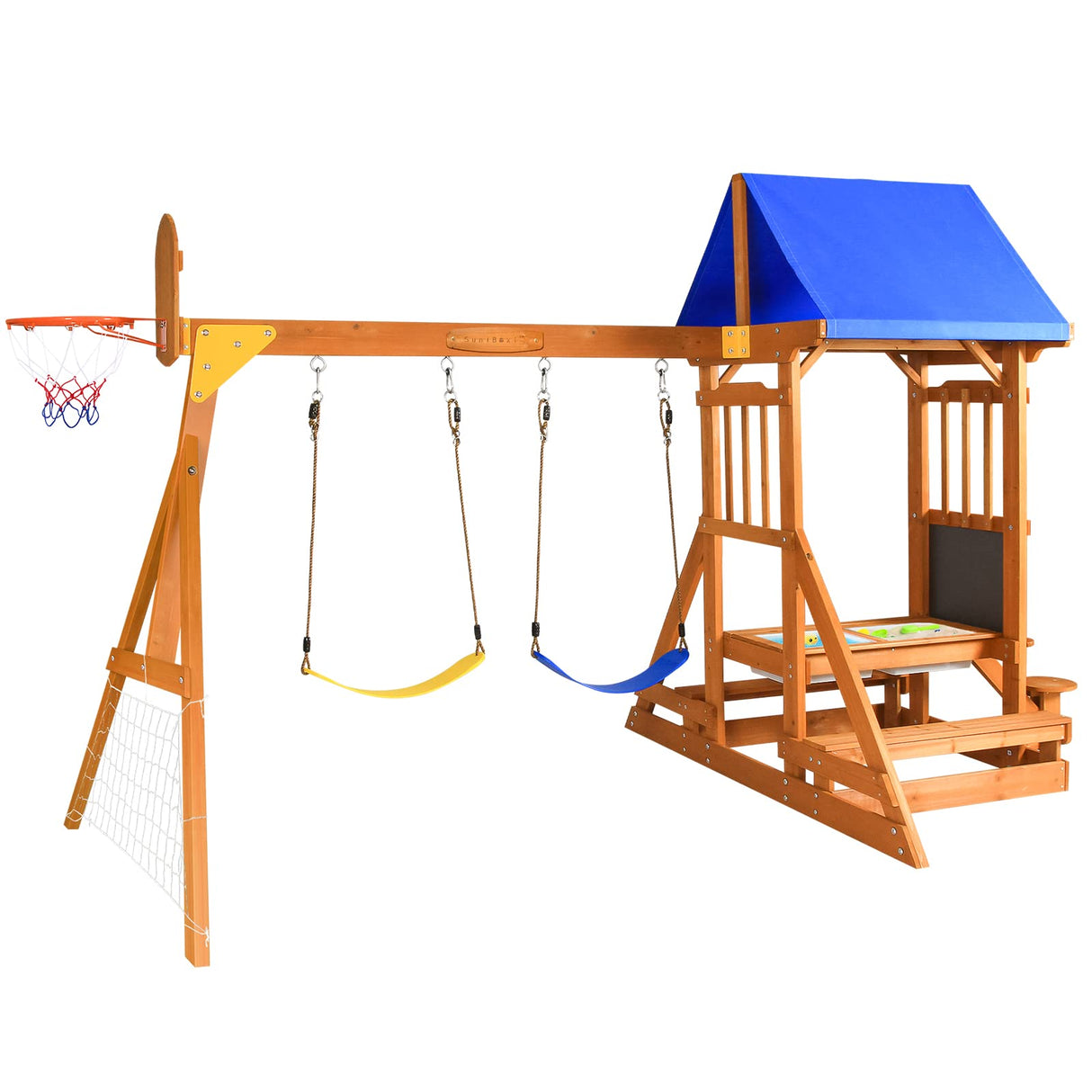 SuniBoxi Wooden Swing Set/Playset Made for Small Yards and Kids Toddlers Age 3-6, 6-in-1 Playground Set with Picnic Table Drawing Board Sandboxes SuniBoxi